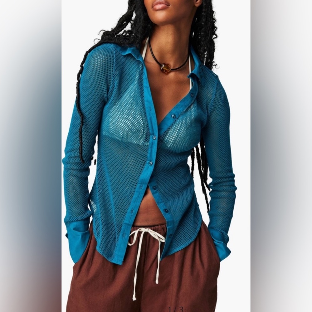 Free People Siggi Lightweight, Open Knit Collared Button Down Shirt in Teal  XS